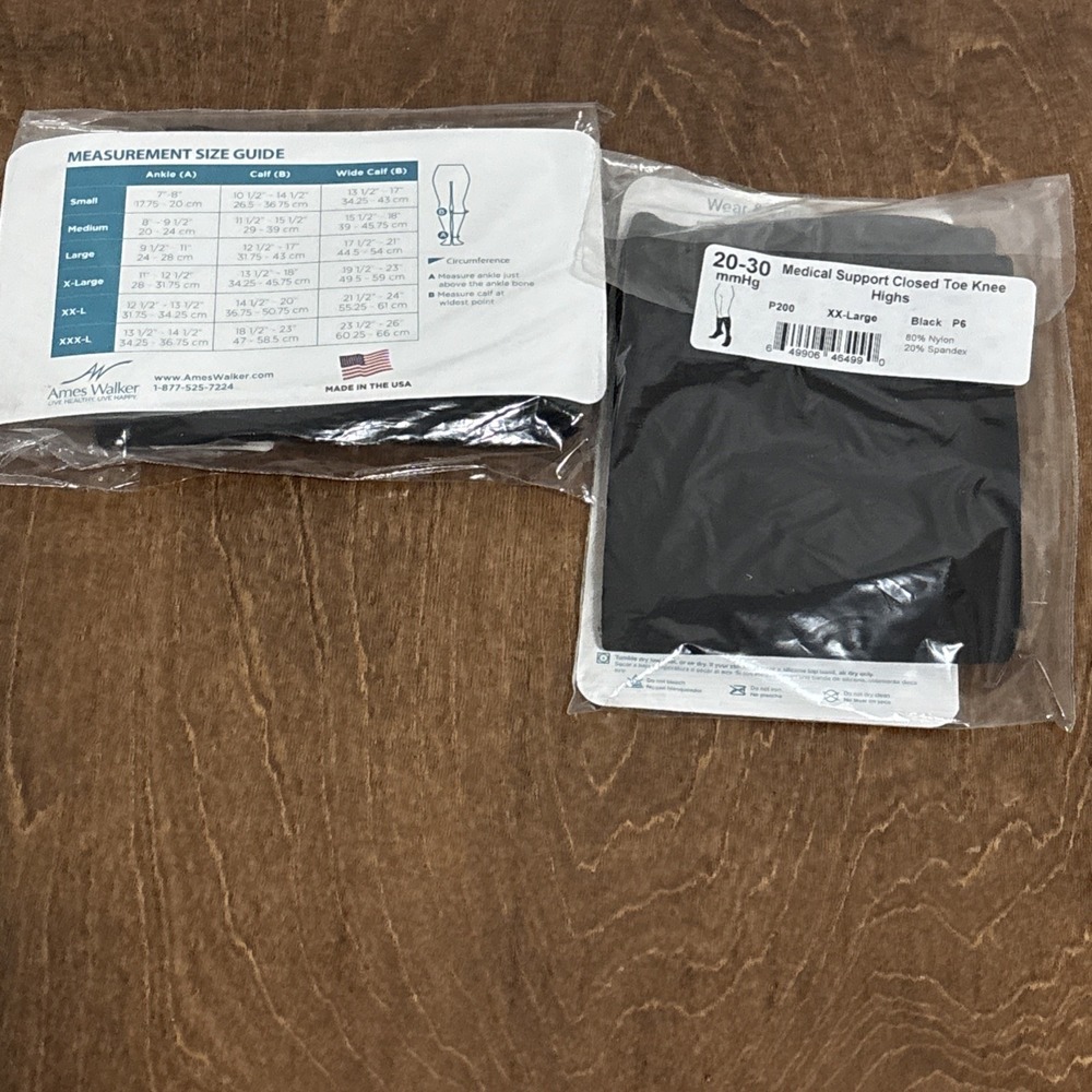 2 Packs Ames Walker Mens Medical Support Closed Toe Knee High 20-30 mmHg Black